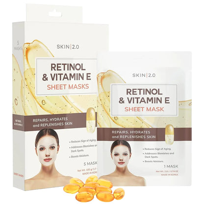 Skin 2.0 Retinol & Vitamin E Sheet Mask - Anti - Aging Acne Scar & Hyperpigmentation Treatment - Hydrating Dermatologist Tested Korean Skincare - Clean Beauty Cruelty - Free All Skin Types - 5 Masks - Premium Supplements