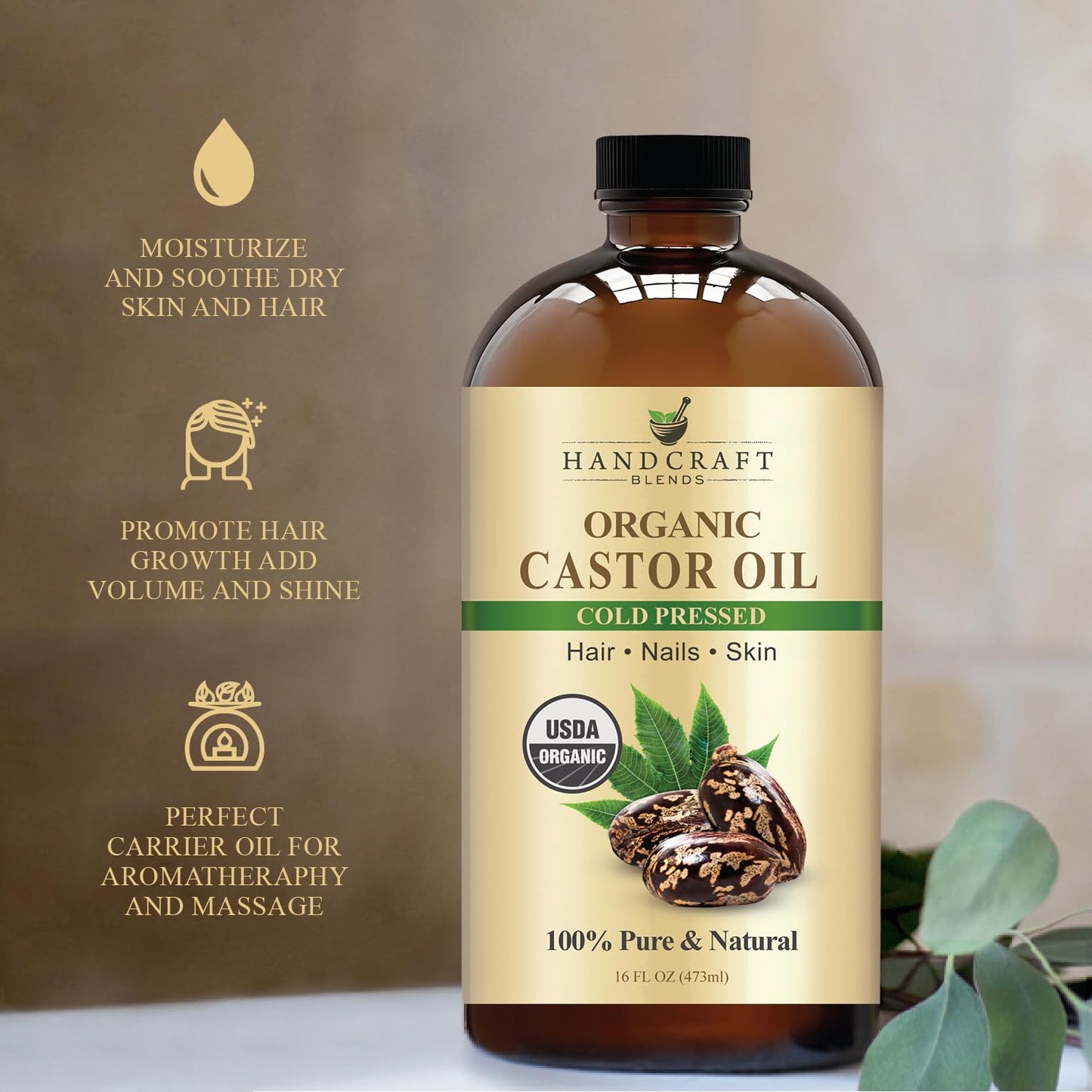 Cold - Pressed Organic Castor Oil in Glass Bottle - 16 Fl Oz - 100% Pure and Natural - Premium Grade Carrier Oil for Hair Growth, Eyelashes and Eyebrows - Hair and Body - Premium Supplements
