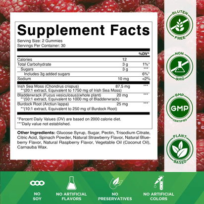 Irish Sea Moss Gummies - 3000 Mg - 60 Vegan Gummies - Made with Bladderwrack & Burdock Root - Seamoss Supplement for Thyroid, Energy, Immune Support - Premium Supplements