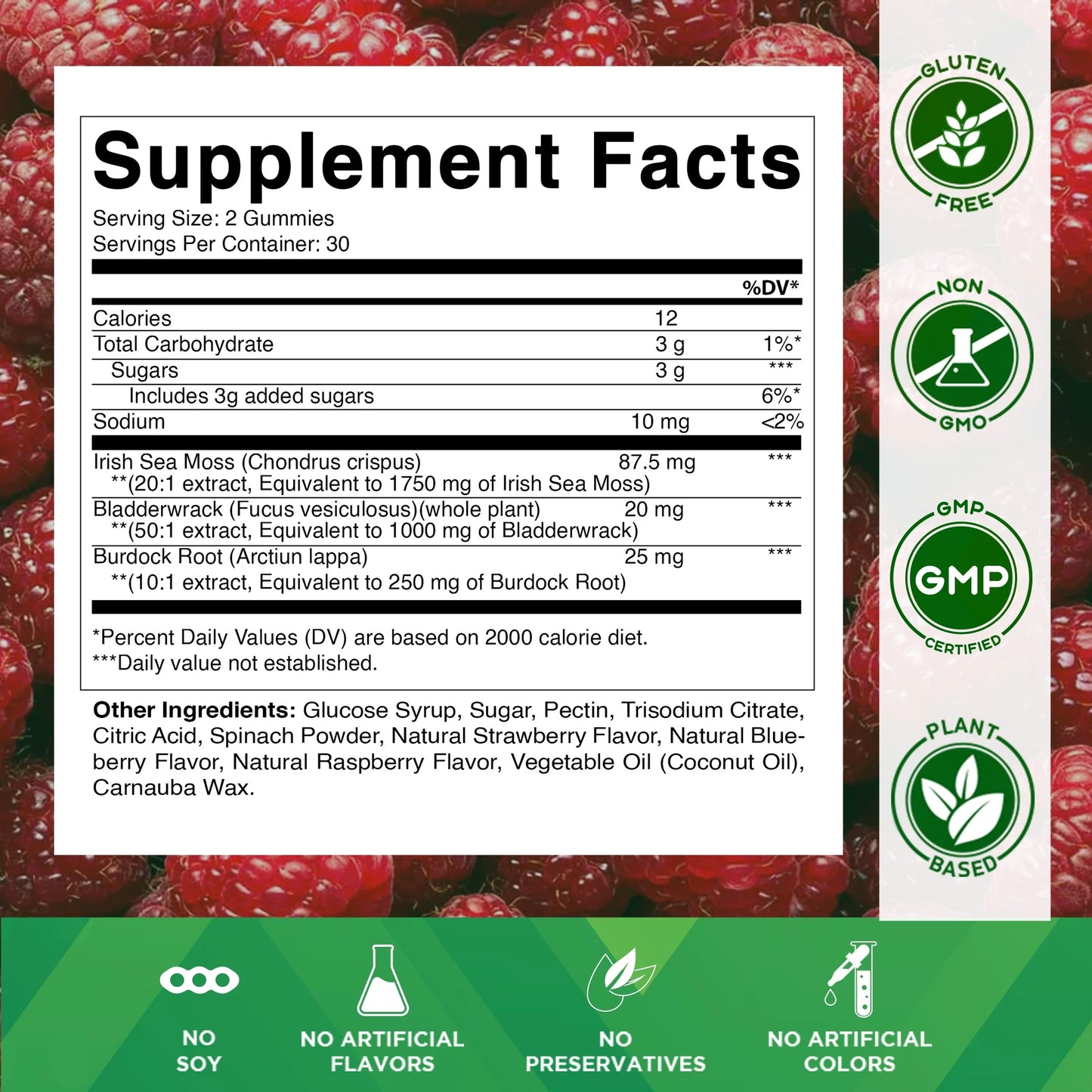 Irish Sea Moss Gummies - 3000 Mg - 60 Vegan Gummies - Made with Bladderwrack & Burdock Root - Seamoss Supplement for Thyroid, Energy, Immune Support - Premium Supplements