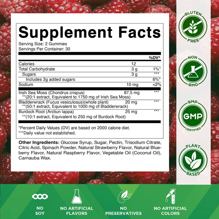 Irish Sea Moss Gummies - 3000 Mg - 60 Vegan Gummies - Made with Bladderwrack & Burdock Root - Seamoss Supplement for Thyroid, Energy, Immune Support - Premium Supplements