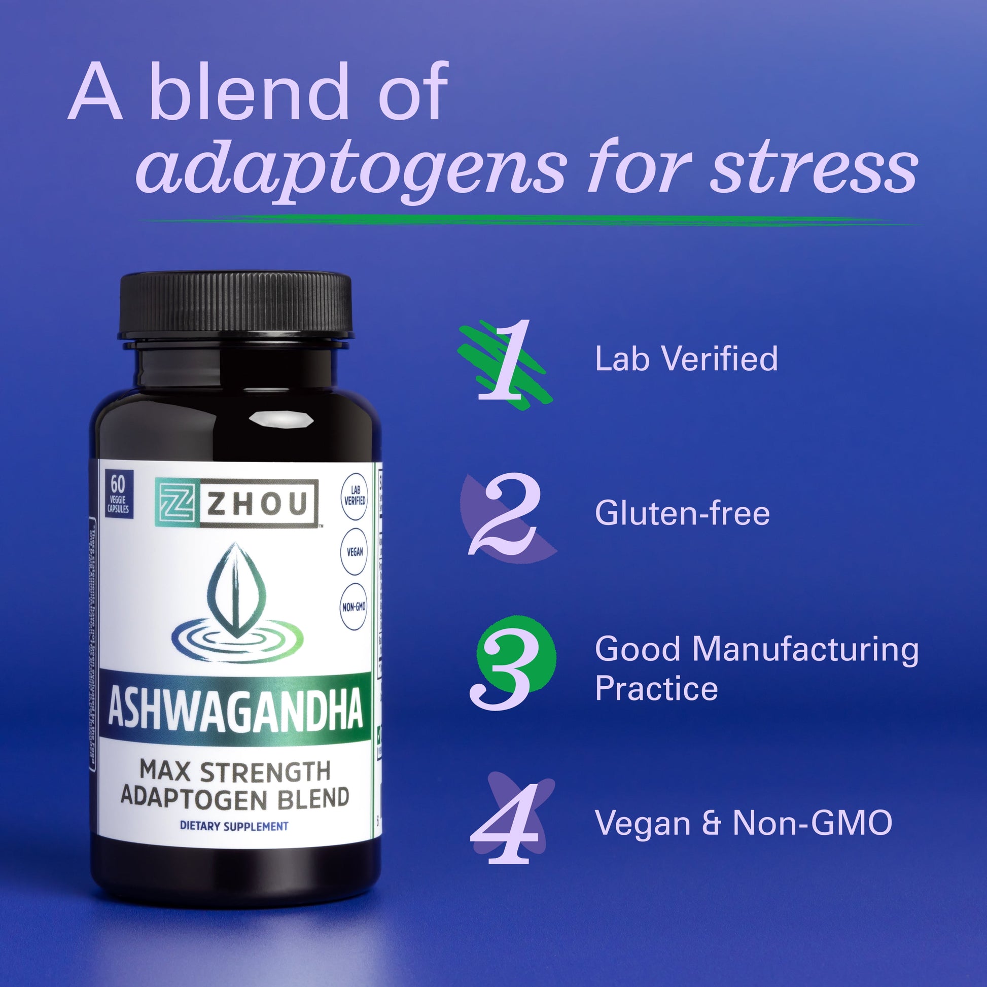 Ashwagandha, Natural Adaptogenic Supplement for Stress, Anxiety, Fatigue & Mood Support, Rhodiola, Holy Basil, Cordyceps, Reishi, 30 Servings, 60 Count