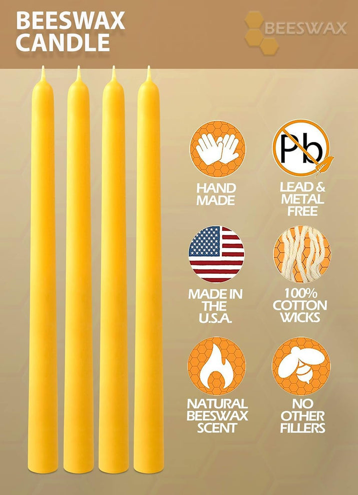 16" Beeswax Taper Candles - 16 Hour Burn Time - Yellow Beeswax Candles - 4 Pack - Premium Supplements