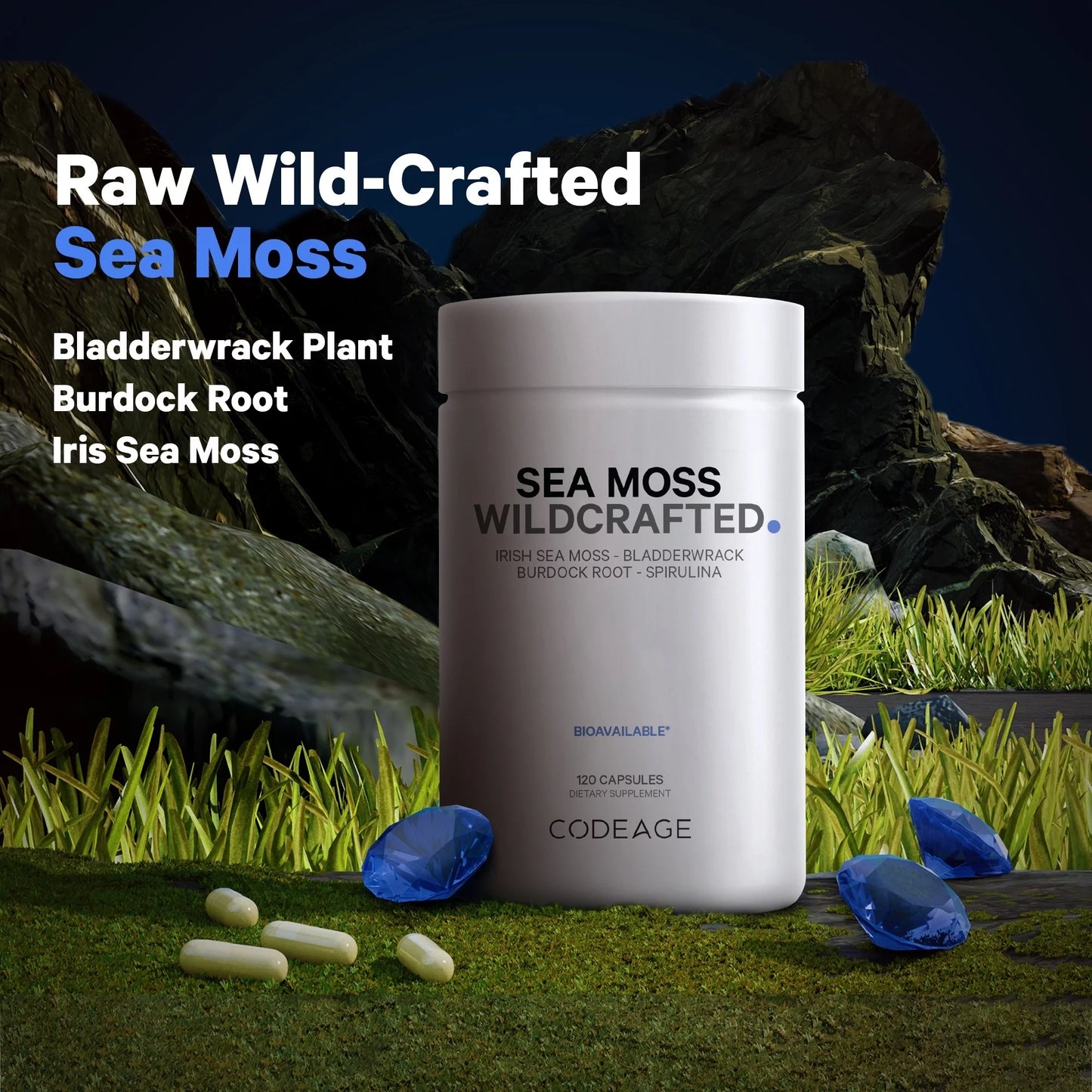 Raw Wildcrafted Irish Sea Moss, Bladderwrack, Burdock Root, Spirulina & Bioperine® Pepper, 120 Ct