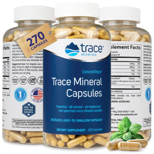 Trace Minerals Low - Sodium ConcenTrace Capsules - Supplement to Support Bone Health & Body Energy - Healthy Hydration & Electrolyte Support Supplement - 270 Capsules (90 Servings - Premium Supplements