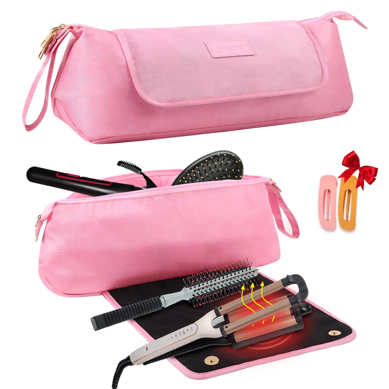 GERYUAEG Large Hair Tools Travel Bag with Heat Resistant Mat for Straighteners Curling Iron Haircare Accessories Hair Styling Tools Bag with Silicone Mat (Pink) - Premium Supplements