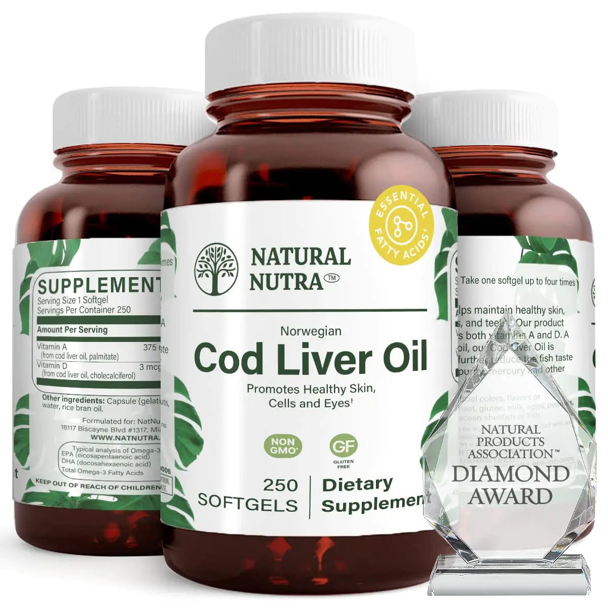 Natural Nutra Norwegian Cod Liver Oil Supplement Helps to Maintain Skin Body Density and Eye Health Promotes Dental Health and Supports Cardiovascular Health 250 Softgels - Premium Supplements